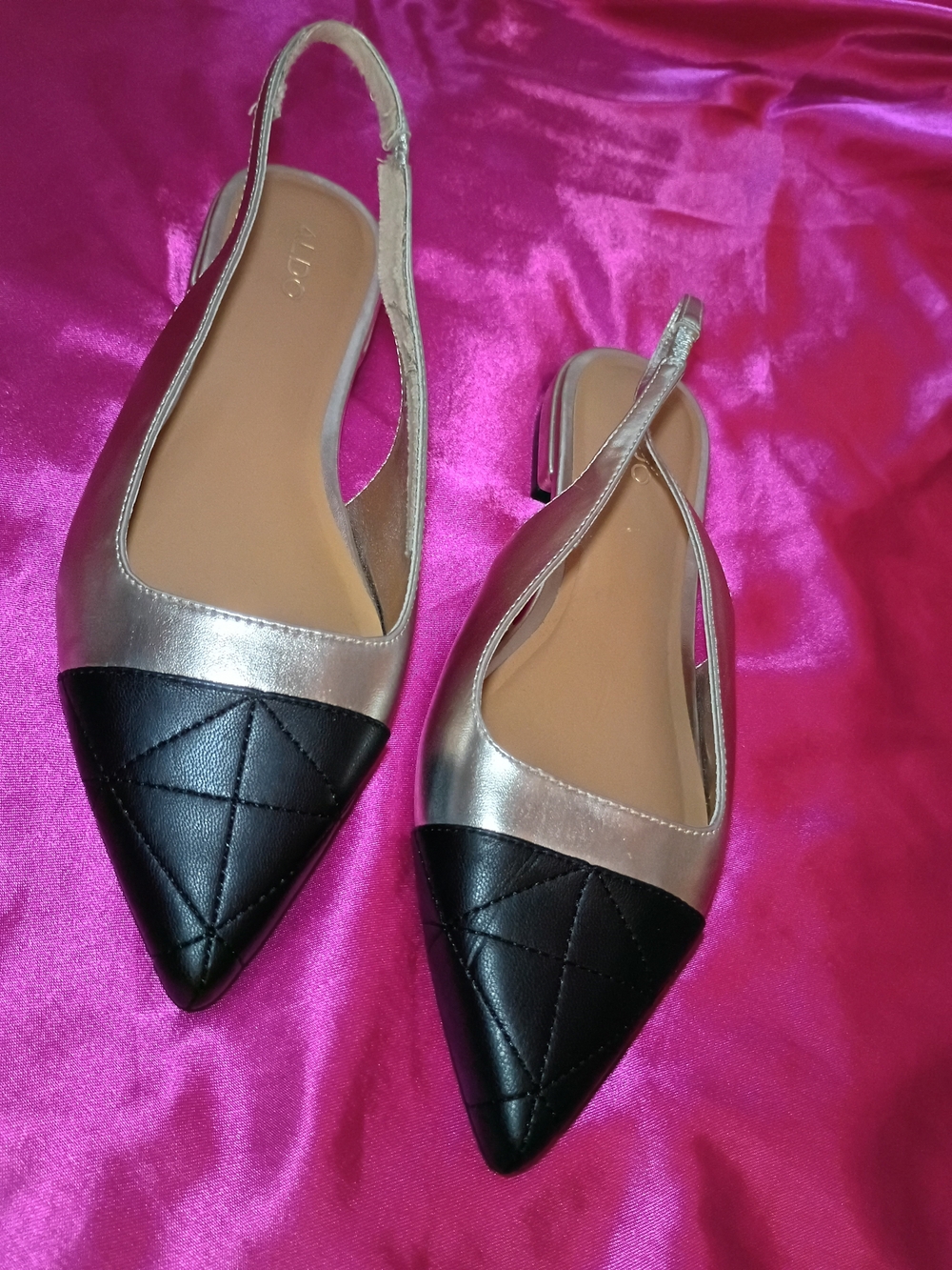 Aldo Metallic Gold Slingback Flats with Black Quilted Pointed Toe